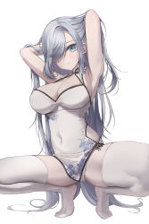 Rule 34 | 1girl, absurdres, armpits, arms behind head, bare shoulders, blue eyes, blush, breasts, china dress, chinese clothes, cleavage, covered navel, dress, genshin impact, hair over one eye, hamong0, highres, large breasts, long hair, looking at viewer, panties, panty peek, pelvic curtain, shenhe (genshin impact), smile, solo, squatting, thighhighs, thighs, underwear, very long hair, white background, white panties