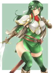 Rule 34 | 1girl, armor, belt, blush, boots, breastplate, curvy, elbow gloves, female focus, fire emblem, fire emblem: mystery of the emblem, fire emblem: new mystery of the emblem, fire emblem: shadow dragon, fire emblem: shadow dragon and the blade of light, gloves, green eyes, green hair, green thighhighs, hair between eyes, headband, highres, long hair, looking at viewer, nintendo, no panties, palla (fire emblem), shoulder pads, sidelocks, smile, solo, solo focus, standing, sword, thick thighs, thighhighs, thighs, weapon, wide hips