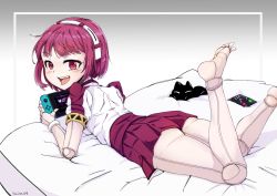 Rule 34 | 1girl, absurdres, android, ass, barefoot, bed, blush, cat, dorothy haze, haihm108, hairband, highres, joints, looking at viewer, lying, miniskirt, nintendo switch, on stomach, open mouth, playing games, red eyes, red hair, robot joints, shiny skin, short hair, skirt, smile, solo, tongue, tongue out, upskirt, va-11 hall-a