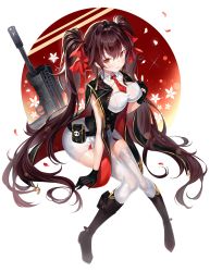 Rule 34 | 1girl, assault rifle, bad id, bad twitter id, black gloves, boots, breasts, brown hair, bullpup, capelet, commentary request, girls&#039; frontline, gloves, gun, hair ribbon, highres, knee boots, large breasts, long hair, narae, necktie, qbz-97, ribbon, rifle, simple background, sitting, skirt, smile, thighhighs, twintails, type 97 (girls&#039; frontline), v, very long hair, weapon, white thighhighs