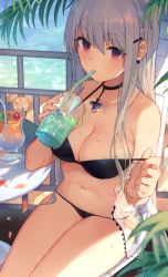 Rule 34 | 1girl, bad id, bad twitter id, bikini, black bikini, black choker, blush, breasts, choker, cleavage, collarbone, commentary request, cup, daredattakke, day, drink, drinking, drinking glass, drinking straw, earrings, girls&#039; frontline, hair ornament, hairclip, holding, holding cup, hurricane glass, jewelry, kar98k (girls&#039; frontline), large breasts, leaf, long hair, looking at viewer, medium breasts, navel, outdoors, red eyes, see-through, sidelocks, silver hair, sitting, skindentation, solo, stomach, strap pull, string bikini, swimsuit, table, thighs, water, wet