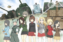 Rule 34 | 10s, 6+girls, absurdres, anchovy (girls und panzer), anzio (emblem), anzio military uniform, asymmetrical bangs, belt, black hair, black hat, black jacket, black necktie, black ribbon, black shirt, black skirt, blazer, blonde hair, blouse, blue eyes, blue shirt, braid, brown eyes, brown hair, brown jacket, bt-42, carro veloce cv-33, carrying, chi-hatan military uniform, churchill (tank), closed eyes, closed mouth, cloud, cloudy sky, commentary request, cup, darjeeling (girls und panzer), day, diffraction spikes, dress shirt, emblem, fang, garrison cap, girls und panzer, green jacket, grey jacket, grey pants, grey skirt, grin, hair intakes, hair ribbon, hand on own hip, hat, highres, holding, holding instrument, holding riding crop, hoshikawa (hoshikawa gusuku), instrument, jacket, kantele, katyusha (girls und panzer), kay (girls und panzer), keizoku (emblem), keizoku school uniform, kuromorimine military uniform, lens flare, light smile, long hair, long sleeves, looking at viewer, m4 sherman, mika (girls und panzer), military, military hat, military uniform, military vehicle, miniskirt, motor vehicle, multiple girls, necktie, nishi kinuyo, nishizumi maho, nonna (girls und panzer), open clothes, open jacket, open mouth, outdoors, pants, pleated skirt, pravda (emblem), pravda school uniform, raised fist, red jacket, red shirt, red skirt, ribbon, riding crop, saucer, saunders (emblem), saunders school uniform, school uniform, shirt, short hair, shoulder belt, shoulder carry, side-by-side, skirt, sky, sleeves rolled up, smile, st. gloriana&#039;s (emblem), st. gloriana&#039;s military uniform, standing, striped clothes, striped shirt, swept bangs, t-34, tank, teacup, thighhighs, thumbs up, tiger i, turtleneck, twin braids, type 97 chi-ha, uniform, vertical-striped clothes, vertical-striped shirt, white legwear, white shirt, yellow skirt