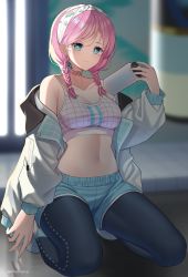 Rule 34 | 1girl, absurdres, arknights, bare shoulders, black leggings, blue eyes, blue poison (arknights), blue poison (shoal beat) (arknights), blue shorts, bottle, braid, breasts, choker, cleavage, closed mouth, collarbone, commentary, full body, hair between eyes, hairband, hand up, highres, holding, holding bottle, indoors, jacket, kneeling, leggings, long hair, long sleeves, looking at viewer, medium breasts, midriff, navel, o-ring, o-ring choker, off shoulder, official alternate costume, open clothes, open jacket, pink choker, pink hair, pink sports bra, rynzfrancis, shadow, shoes, shorts, smile, solo, spaghetti strap, sports bra, twin braids, twintails, water bottle, white footwear, white jacket, white sports bra