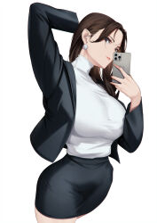 Rule 34 | 1girl, alternate costume, arm behind head, black jacket, black skirt, blueorca, breasts, brown eyes, brown hair, capcom, cellphone, chun-li, earrings, hair over shoulder, highres, holding, holding phone, jacket, jewelry, large breasts, long hair, looking at viewer, office lady, parted bangs, parted lips, pencil skirt, phone, selfie, shirt, shirt tucked in, skirt, smartphone, smile, solo, street fighter, taut clothes, taut shirt, taut skirt, thighs, turtleneck, white background, white shirt