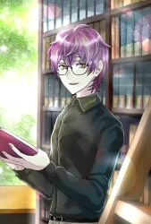 Rule 34 | 1boy, ayaan (ayako), belt, black shirt, book, bookshelf, chrom (technoroid), day, glasses, highres, holding, holding book, indoors, ladder, lens flare, long sleeves, looking at viewer, male focus, purple hair, shirt, short hair, technoroid, window, yellow eyes