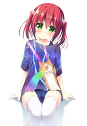 Rule 34 | 1girl, blue one-piece swimsuit, blush, cameltoe, closed mouth, green eyes, hair between eyes, hair bobbles, hair ornament, hanamiya natsuka, head tilt, one-piece swimsuit, original, purple shirt, rainbow gradient, red eyes, school swimsuit, shirt, short sleeves, sitting, smile, solo, swimsuit, swimsuit under clothes, t-shirt, thighhighs, twintails, white background, white thighhighs