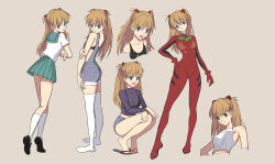 Rule 34 | 1girl, artist request, ass, blue eyes, bodysuit, breasts, brown hair, curvy, full body, highres, long hair, looking at viewer, multiple views, neon genesis evangelion, plugsuit, red bodysuit, sandals, school uniform, simple background, skin tight, small breasts, smile, solo, souryuu asuka langley, squatting, two side up, wide hips