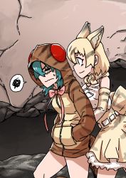 Rule 34 | 10s, 2girls, animal ears, bare shoulders, blonde hair, blush, bow, bowtie, cat ears, cat tail, elbow gloves, gloves, hands in pockets, highres, hood, hoodie, kemono friends, multicolored hair, multiple girls, sand cat (kemono friends), shirt, short hair, skirt, sleeveless, snake tail, striped clothes, striped hoodie, striped tail, tail, takoongyi, tsuchinoko (kemono friends), yellow eyes