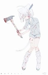 Rule 34 | 1girl, ahoge, animal ears, axe, bikini, bikini under clothes, blood, blood in hair, blood on arm, blood on axe, blood on clothes, blood on face, blood on hands, blood on leg, blue eyes, cat ears, cat girl, cat tail, extra ears, eyepatch, full body, halterneck, highres, holding, holding axe, japanese clothes, kimono, knees together feet apart, knife in head, looking at viewer, loose socks, medical eyepatch, medium hair, micro bikini, multicolored hair, object through head, one eye covered, original, outo eguchi, scar, scar on leg, see-through kimono, shoes, short kimono, short sleeves, signature, simple background, socks, solo, standing, streaked hair, string bikini, sweat, swimsuit, tail, tears, translation request, uwabaki, white background, white footwear, white hair, white socks