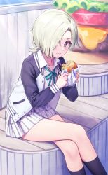 Rule 34 | 1girl, burger, collared shirt, crossed legs, deadnooodles, eating, food, hair over one eye, hands up, highres, holding, holding food, jacket, kneehighs, light green hair, long sleeves, looking at viewer, love live!, love live! nijigasaki high school idol club, mia taylor, neck ribbon, one eye covered, open clothes, open jacket, purple eyes, ribbon, shirt, short hair, sitting, skirt, socks, solo, white shirt