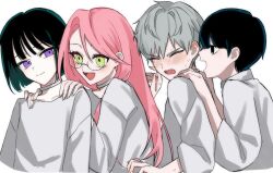 Rule 34 | 2boys, 2girls, alien stage, black eyes, black hair, blush, child, closed eyes, collar, collarbone, ear blush, eyelashes, flustered, from side, grey hair, hands on another&#039;s shoulders, happy, highres, ivan (alien stage), kyon (zmwh8222), long hair, looking at another, mizi (alien stage), multiple boys, multiple girls, open mouth, pink hair, purple eyes, short hair, smile, sua (alien stage), sweat, till (alien stage), upper body, white background, white collar, yaoi, yellow eyes, yuri