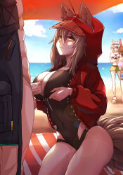 Rule 34 | 1boy, 3girls, absurdres, amiya (arknights), animal ears, arknights, beach, black one-piece swimsuit, blush, breast hold, breasts, censored, doctor (arknights), erection, grey hair, hetero, highres, jacket, kal&#039;tsit (arknights), large breasts, long hair, long sleeves, male doctor (arknights), mosaic censoring, multiple girls, naked jacket, official alternate costume, one-piece swimsuit, open clothes, open jacket, outdoors, paizuri, penis, perpendicular paizuri, projekt red (arknights), projekt red (light breeze) (arknights), public indecency, red jacket, revision, solo focus, swimsuit, tail, testicles, wolf ears, wolf girl, wolf tail, xia wanzi, yellow eyes