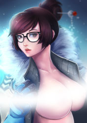 Rule 34 | 1girl, black-framed eyewear, blue gloves, breasts, brown eyes, brown hair, censored, censored nipples, coat, convenient censoring, fur-trimmed jacket, fur trim, glasses, gloves, hair ornament, hair stick, jacket, large breasts, looking at viewer, mei (overwatch), open clothes, open jacket, overwatch, overwatch 1, parka, ryumi-gin, short hair, snow, snowflake hair ornament, steam, steam censor, swept bangs, upper body, winter clothes, winter coat