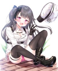 Rule 34 | 1girl, :3, :d, azur lane, black bow, black footwear, black gloves, black hair, black thighhighs, blush, boots, bow, breasts, cleavage, collar, detached collar, fang, gloves, hair bow, hat, high heel boots, high heels, jacket, k mugura, long hair, long sleeves, looking at viewer, medium breasts, one side up, open mouth, pamiat merkuria (azur lane), panties, peaked cap, pink panties, red eyes, side-tie panties, sitting, skindentation, smile, solo, thigh strap, thighhighs, thighhighs under boots, underwear, unworn hat, unworn headwear, v, very long hair, white background, white collar, white hat, white jacket, wing collar