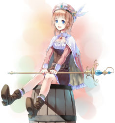 Rule 34 | 1girl, atelier (series), atelier rorona, barrel, blue eyes, blush, boots, brooch, cape, dress, female focus, full body, gradient background, hat, jewelry, looking at viewer, orange hair, parsley-f, rororina fryxell, short hair, sitting, smile, solo, staff, white background