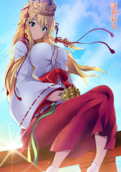 Rule 34 | 1girl, alternate costume, bell, blonde hair, blush, breasts, cloud, crown, day, hoshii miki, idolmaster, idolmaster (classic), japanese clothes, jingle bell, kagura suzu, large breasts, long hair, looking at viewer, maruwa tarou, miko, new year, sitting, sky, smile, solo, sparkle, sun, tabi