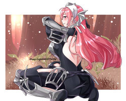 Rule 34 | armor, arms behind back, arms up, backless outfit, black dress, blush, cherche (fire emblem), dress, fire emblem, fire emblem awakening, fire emblem heroes, head wings, headset, highres, legs, long hair, looking at viewer, looking back, nintendo, pink eyes, pink hair, smile, squatting, wings