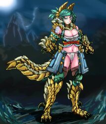 Rule 34 | 1girl, breasts, chest belt, claws, commentary request, crotchless, dragon girl, dragon tail, frown, full body, fundoshi, gauntlets, green eyes, green hair, highres, horns, japanese clothes, large breasts, monster hunter (series), moon, mountain, personification, ponytail, revealing clothes, sarashi, serious, skirt, solo, spurs, standing, tail, talons, tattoo, udetamago, zinogre