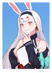 Rule 34 | 1girl, absurdres, animal ears, aqua bow, azur lane, bare shoulders, black hairband, black jacket, blue background, bow, breasts, dress, hairband, highres, jacket, long hair, looking at viewer, off shoulder, rabbit ears, rzk iii, shimakaze (azur lane), shirt, short dress, simple background, small breasts, very long hair, white hair, white shirt, yellow eyes
