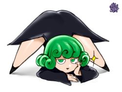 Rule 34 | 1girl, artist name, artist request, ass, bare legs, black dress, curly hair, dress, expressionless, female focus, flexible, flipped hair, full body, green eyes, green hair, jack-o&#039; challenge, looking at viewer, meme, one-punch man, parody, shiny skin, short hair, side slit, simple background, smile, solo, spread legs, stretching, tatsumaki, the golden smurf, thighhighs, thighs, white background, wide spread legs
