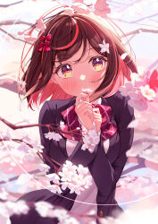 Rule 34 | 1girl, black jacket, blush, bow, bowtie, breasts, brown eyes, brown hair, buttons, cherry blossoms, fingernails, hair ornament, hairclip, highres, jacket, large breasts, long sleeves, looking at viewer, multicolored hair, open clothes, open jacket, original, pink hair, red bow, red bowtie, saboten mushi, school uniform, short hair, solo, upper body