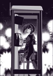 Rule 34 | 1girl, absurdres, amemori sayo, arm at side, floating hair, from outside, full body, greyscale, highres, long sleeves, looking at viewer, miniskirt, monochrome, neckerchief, night, nijisanji, one side up, pantyhose, parted lips, payphone, phone, phone booth, pleated skirt, ryi5661124, sailor collar, school uniform, serafuku, shirt, short hair, sidelocks, skirt, sky, sleeves past wrists, solo, star (sky), starry sky, virtual youtuber