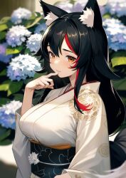 Rule 34 | 1girl, animal ear fluff, animal ears, black hair, blurry, blurry background, breasts, flower, harada isuka, highres, hololive, japanese clothes, kimono, large breasts, long hair, looking at viewer, multicolored hair, obi, ookami mio, orange eyes, print kimono, red hair, sash, solo, streaked hair, tail, virtual youtuber, white flower, white kimono, wolf ears, wolf girl, wolf tail
