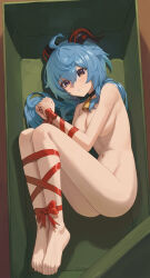 Rule 34 | 1girl, absurdres, ahoge, barefoot, blue hair, bound, bound legs, bound wrists, box, breasts, brown eyes, commentary, convenient arm, ganyu (genshin impact), genshin impact, highres, horns, in box, in container, llami 0, long hair, looking at viewer, medium breasts, navel, nude, parted lips, red ribbon, ribbon, solo, stomach, thighs, very long hair