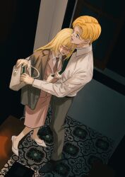 1boy 1girl alternate_costume annie_leonhart aqua_eyes armin_arlert bag belt black_belt black_footwear black_necktie blonde_hair blunt_bangs blush business_suit closed_eyes collared_jacket collared_shirt couple ear_blush embarrassed formal_clothes from_above from_side grey_jacket grey_pants handbag highres holding holding_bag indoors jacket jacket_on_shoulders long_hair long_skirt long_sleeves looking_at_object looking_down looking_to_the_side necktie nose_blush open_handbag open_mouth pants parted_bangs pink_jacket pink_lips pink_necktie pink_skirt shingeki_no_kyojin shirt short_hair skirt standing suit swept_bangs white_footwear white_shirt yi_(199702090505)