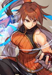 Rule 34 | 1girl, bare shoulders, breasts, brown eyes, brown hair, dress, dungeon and fighter, dynamic pose, fighter (dungeon and fighter), fingerless gloves, gloves, hungry clicker, large breasts, long hair, martial arts, orange dress, pantyhose, ponytail, red gloves, ribbed dress, sleeveless, smile, solo, toned, very long hair