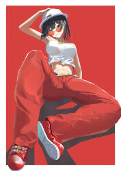 Rule 34 | absurdres, belt, black hair, crop top, green eyes, hat, highres, jewelry, looking at viewer, midriff, multicolored hair, navel, necklace, nofakeuk, original, pants, red background, red footwear, red hair, red pants, shadow, shoes, short hair, sitting, smile, strapless, sunglasses, tube top, two-tone hair, white hat, white tube top