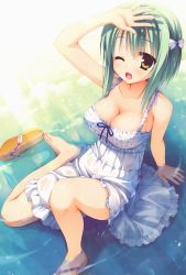 Rule 34 | 1girl, ;d, absurdres, bare shoulders, barefoot, blue ribbon, blush, bow, breasts, cleavage, day, dress, feet, flip-flops, frilled dress, frills, green hair, hair bow, highres, huge filesize, large breasts, looking at viewer, muririn, noble works, one eye closed, open mouth, partially submerged, ribbon, sandals, scan, shading eyes, shoes, short hair, single shoe, sitting, sleeveless, sleeveless dress, slippers, smile, sundress, toes, tsukiyama sena, water, wet, wet clothes, wet dress, white bow, wink, yellow eyes