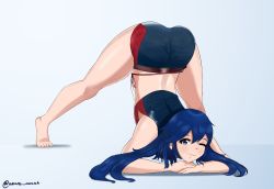 Rule 34 | 1girl, ass, azure monarch, bare shoulders, barefoot, blue eyes, blue hair, blush, fire emblem, fire emblem awakening, highres, jack-o&#039; challenge, long hair, looking at viewer, lucina (fire emblem), nintendo, one eye closed, shiny clothes, shiny skin, short shorts, shorts, smile, solo, top-down bottom-up, wink