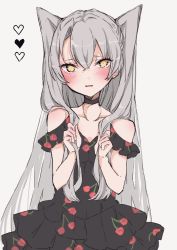Rule 34 | 1girl, alternate costume, amatsukaze (kancolle), black dress, cherry print, chigasaki yukari, choker, commentary request, dress, food print, highres, kantai collection, long hair, looking at viewer, off shoulder, silver hair, simple background, smokestack hair ornament, solo, two side up, white background, yellow eyes