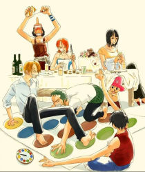 Rule 34 | 2girls, 4boys, barefoot, black hair, blonde hair, bottle, cake, camisole, chair, collared shirt, food, fork, glass, green hair, haramaki, hat, monkey d. luffy, multiple boys, multiple girls, nami (one piece), nico robin, one piece, orange hair, overalls, pitcher (container), plate, quill, reindeer, roronoa zoro, sanji (one piece), shirt, sitting, t-shirt, table, tablecloth, tony tony chopper, twister, usopp, vest, white shirt