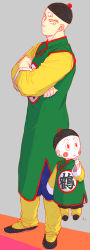 Rule 34 | 2boys, bad id, bad pixiv id, black eyes, black footwear, blush stickers, chaozu, chinese clothes, clothes writing, crossed arms, dragon ball, dragon ball (classic), expressionless, finger to mouth, flying, frown, full body, grey background, hat, height difference, long sleeves, looking away, looking down, male focus, multiple boys, serious, simple background, standing, tenshinhan