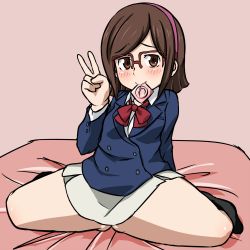 Rule 34 | 10s, 1girl, black socks, blazer, blush, bow, breasts, brown eyes, brown hair, condom, condom in mouth, glasses, gluteal fold, gundam, gundam build fighters, hairband, highres, jacket, kneehighs, kousaka china, mouth hold, no panties, rountain, school uniform, semi-rimless eyewear, skirt, small breasts, socks, solo, spread legs, thick thighs, thighs