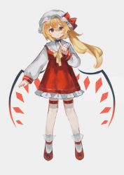 Rule 34 | 1girl, ascot, blonde hair, chicachang, crystal, flandre scarlet, full body, hat, hat ribbon, highres, mob cap, one side up, puffy short sleeves, puffy sleeves, red eyes, red footwear, red skirt, red vest, ribbon, short sleeves, side ponytail, skirt, skirt set, smile, socks, touhou, vest, white background, white headwear, white socks, wings, yellow ascot