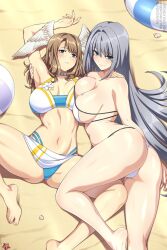 Rule 34 | 2girls, ass, bikini, breast tattoo, breasts, ethel (xenoblade), eunie (xenoblade), grey hair, head wings, highres, large breasts, lindaroze, long hair, multiple girls, smile, swimsuit, tattoo, very long hair, white wings, wings, xenoblade chronicles (series), xenoblade chronicles 3