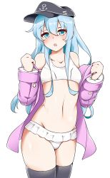 Rule 34 | 10s, 1girl, alternate costume, aoi renji, bikini, black thighhighs, blue eyes, blue hair, blush, breasts, hat, hibiki (kancolle), highres, jacket, kantai collection, light blue hair, looking at viewer, one-piece swimsuit, peaked cap, purple jacket, small breasts, solo, swimsuit, thighhighs, white background, white one-piece swimsuit