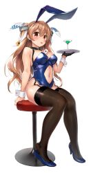 Rule 34 | 1girl, alternate costume, animal ears, blush, breasts, brown eyes, brown thighhighs, chair, clothing cutout, cocktail glass, cup, detached collar, drinking glass, fake animal ears, garter straps, gloves, hair ornament, hair ribbon, high heels, highleg, highres, holding, holding tray, johnston (kancolle), kantai collection, large breasts, leotard, light brown hair, long hair, looking at viewer, navel cutout, playboy bunny, rabbit ears, ribbon, shinozuka jouji, single glove, sitting, solo, strapless, strapless leotard, thighhighs, tongue, tongue out, tray, two side up, white background, wrist cuffs