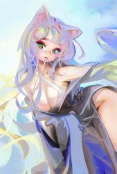 Rule 34 | 1girl, animal ears, bare shoulders, bent over, blue background, blue hair, blue pupils, breasts, cleavage, cowboy shot, criss-cross straps, dutch angle, from side, green eyes, grey hair, grey kimono, head tilt, japanese clothes, kimono, large breasts, long hair, looking down, looking to the side, mismatched eyebrows, mouth hold, multicolored hair, no panties, off shoulder, original, pink eyebrows, pink hair, purple hair, sideways glance, simple background, slit pupils, solo, undershirt, yeono0