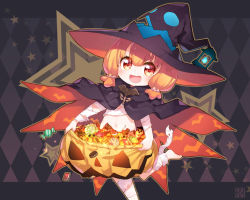 Rule 34 | 1girl, :d, bandages, barefoot, blonde hair, blush, candy, cape, food, halloween, hat, jack-o&#039;-lantern, kito (sorahate), lantern, looking at viewer, navel, open mouth, original, red eyes, short eyebrows, short hair, smile, solo, star (symbol), witch hat