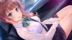 Rule 34 | 1girl, blue eyes, blush, bra, breasts, brown hair, car interior, embarrassed, female focus, game cg, highres, legs, long hair, looking at viewer, medium breasts, open mouth, original, own hands together, rain, school uniform, see-through, side ponytail, sitting, skirt, smile, solo, tachibanaki riho, thighs, uchi no imouto, underwear, wet, wet clothes, yamakaze ran