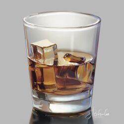 Rule 34 | alcohol, artist name, ba ger cat, cup, dated, drink, drinking glass, food focus, grey background, highres, ice, ice cube, no humans, original, reflection, signature, simple background, still life
