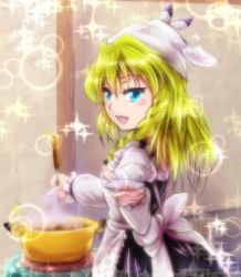 Rule 34 | 1girl, alternate eye color, apron, blonde hair, blue eyes, blush stickers, braid, female focus, food, giving, head scarf, kirisame marisa, ladle, long hair, looking at viewer, open mouth, plate, pot, pov, religious offering, rpg-exen, single braid, solo, soup, sparkle, tasting plate, touhou