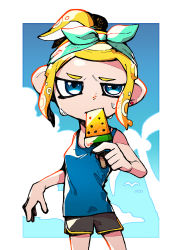Rule 34 | 1girl, aqua bandana, bandana, bare arms, bare shoulders, black shorts, blonde hair, blue eyes, blue tank top, coconut tree, earrings, food, high ponytail, inari1369, jewelry, nintendo, octoling, octoling girl, octoling player character, palm tree, ponytail, popsicle, short hair, shorts, single earring, solo, splatoon (series), suction cups, sweat, tank top, tentacle hair, tree, watermelon bar