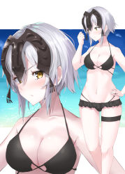 Rule 34 | 1girl, :/, bare arms, bare shoulders, beach, bikini, bikini skirt, black bikini, blue sky, blush, breasts, cleavage, clenched hand, close-up, closed mouth, collarbone, commentary request, day, fate/grand order, fate (series), frown, groin, hair between eyes, hand on own hip, hand up, headpiece, highleg, highleg bikini, highres, hiyoko (pixiv16803940), jeanne d&#039;arc (fate), jeanne d&#039;arc alter (avenger) (fate), jeanne d&#039;arc alter (fate), large breasts, looking at viewer, looking away, looking to the side, multiple views, navel, ocean, outdoors, pale skin, short hair, sideways glance, silver hair, sky, standing, stomach, swimsuit, thigh strap, upper body, v-shaped eyebrows, v-shaped eyes, yellow eyes