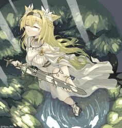 Rule 34 | 1girl, animal ears, arknights, bare shoulders, black footwear, black hairband, blonde hair, braid, breasts, closed eyes, commentary request, dress, facing up, flower, hair flower, hair ornament, hairband, highleg, highres, holding, holding sword, holding weapon, horn (arknights), horn (to effloresce whitely) (arknights), jewelry, medium breasts, n4gare b0shi, necklace, sandals, sideboob, solo, standing, sword, tail, water, weapon, white dress, white flower, wolf ears, wolf girl, wolf tail