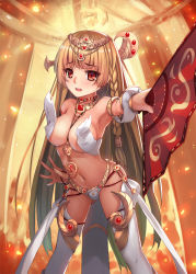 Rule 34 | 1girl, blonde hair, blush, breasts, cleavage, covered erect nipples, folding fan, hand fan, jewelry, kaku-san-sei million arthur, large breasts, long hair, looking at viewer, lots of jewelry, million arthur (series), musyne xsk, navel, necklace, original, red eyes, solo, tiara, torn clothes, wardrobe malfunction